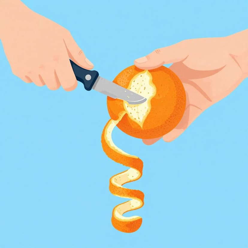 A hand holding a small knife to remove the bright orange skin from a round orange fruit.