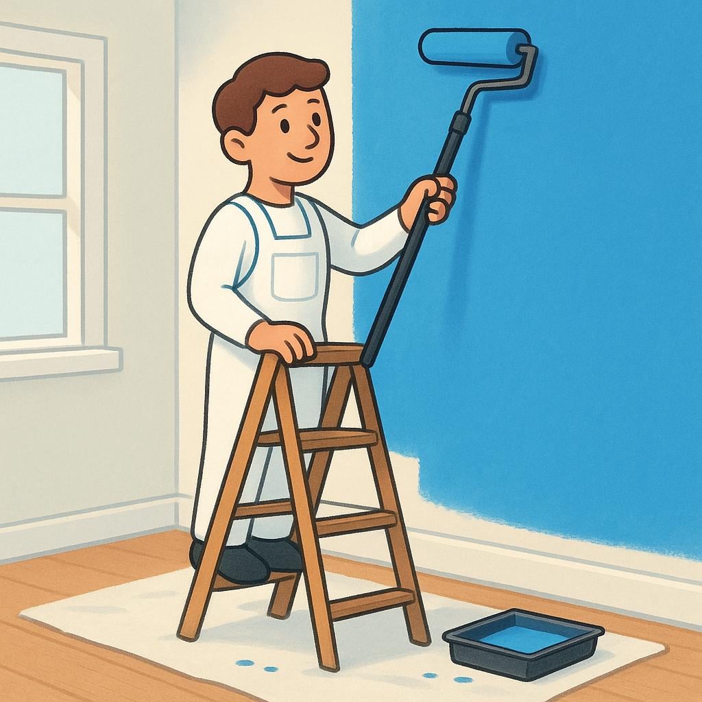 A worker wearing overalls and a cap, standing on a ladder, using a long roller to paint a large interior wall white.