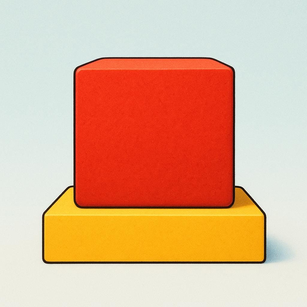 A perfectly square, solid red stone block resting firmly and motionlessly on a flat yellow pedestal, symbolizing a fixed, unchanging value.