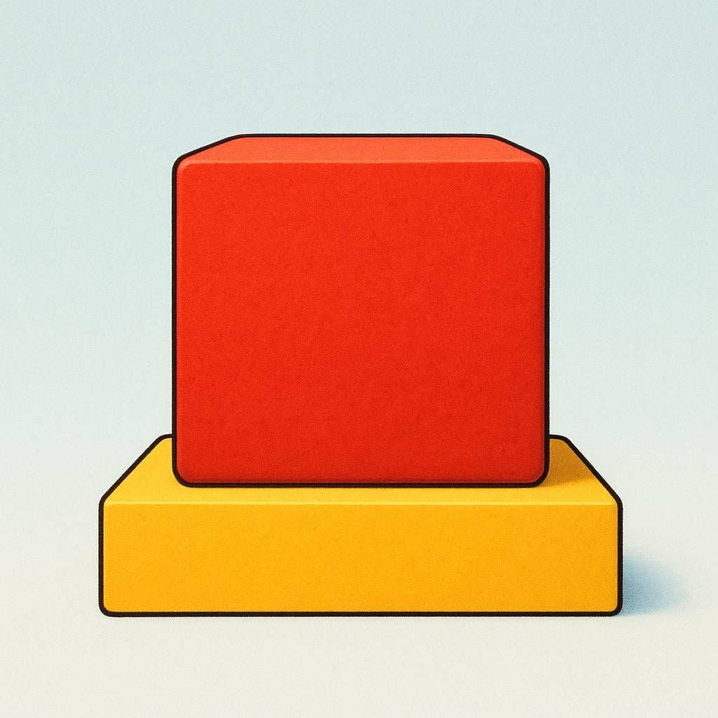 A perfectly square, solid red stone block resting firmly and motionlessly on a flat yellow pedestal, symbolizing a fixed, unchanging value.