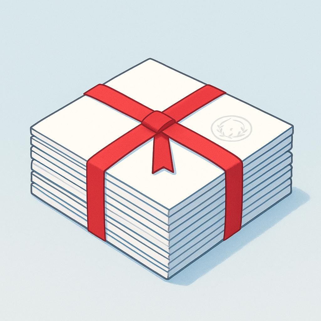 A neat stack of official white papers tied together with a red ribbon, featuring a simple seal impression on the top paper.