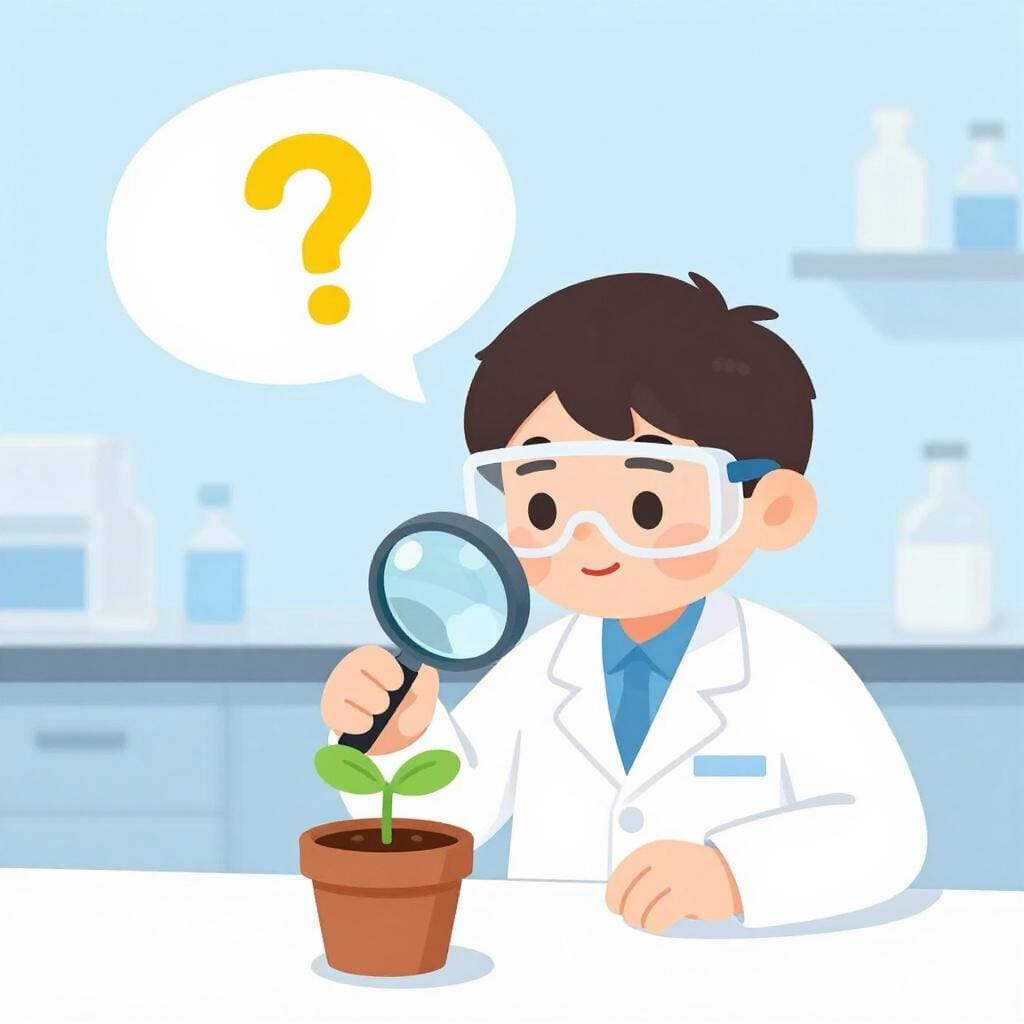 白衣を着た科学者が虫眼鏡で小さな芽が出ている植物を見ており、吹き出しには疑問符が表示されている。
