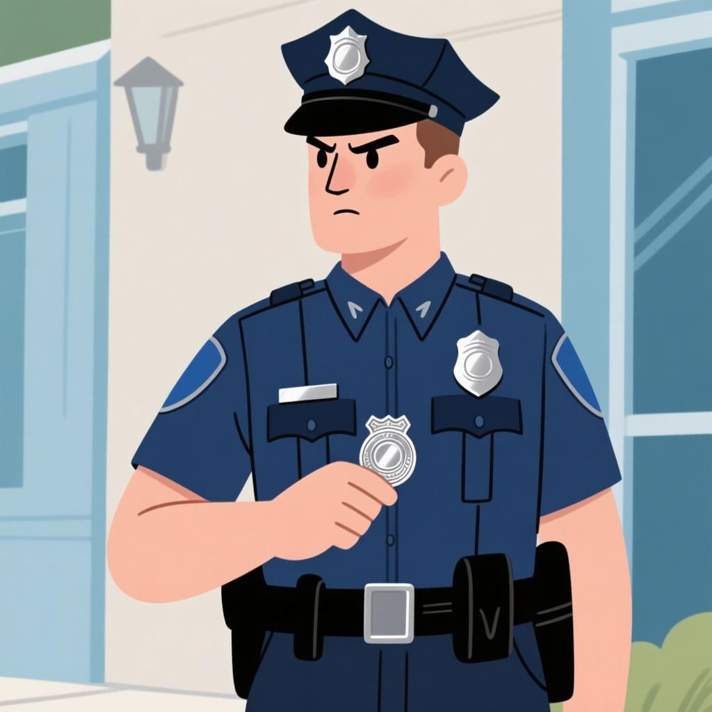 A uniformed police officer standing firmly and holding a badge, representing a law enforcement agent.