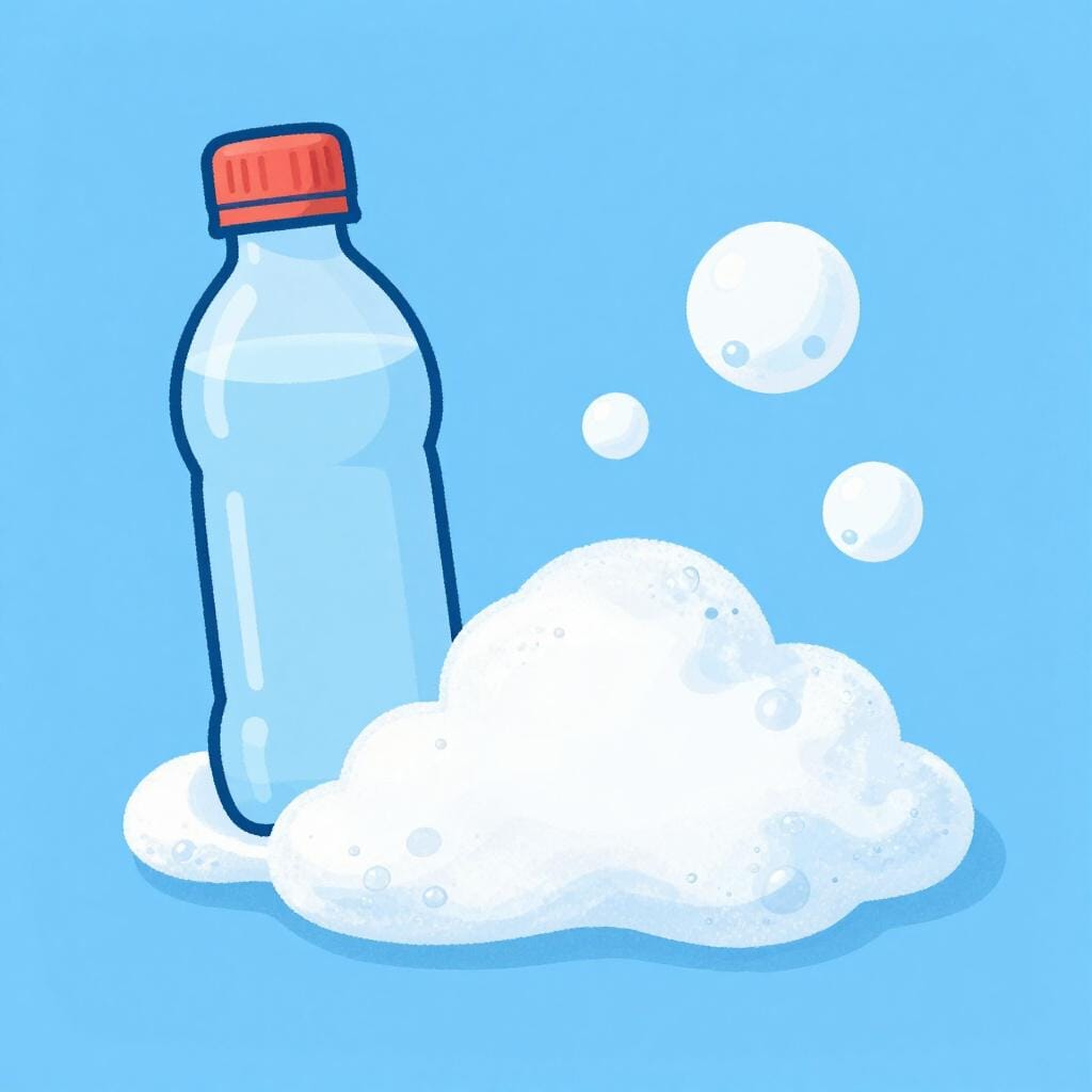 A plastic bottle with a dollop of thick white soap on top, sitting next to a pile of fluffy bubbles.