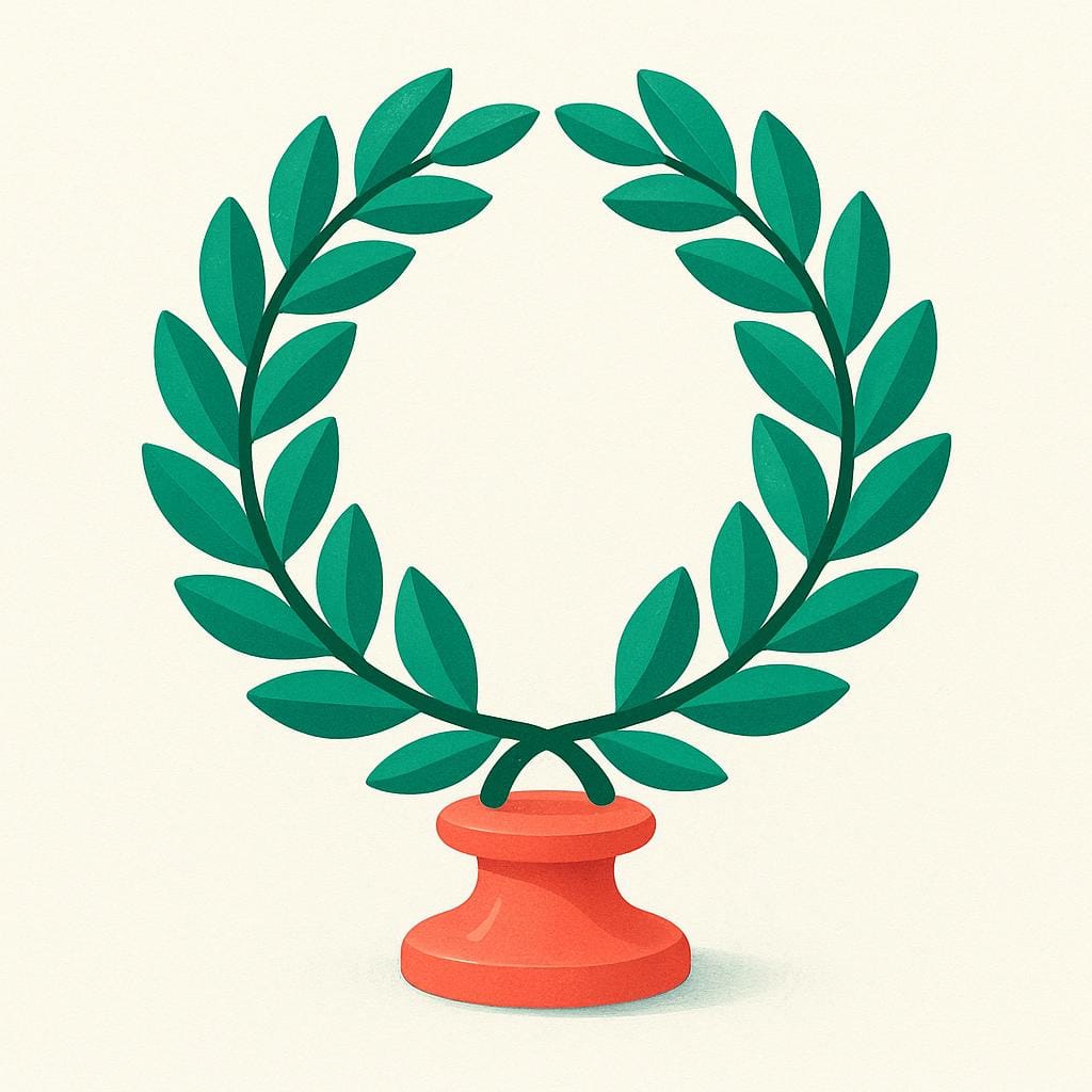 A simple green laurel wreath placed on a colorful pedestal, symbolizing honor and recognition.