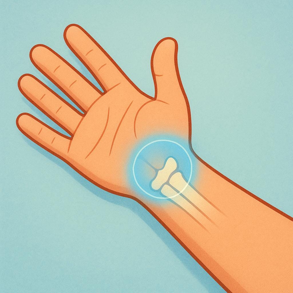 A close-up view of a simplified human arm showing the joint connecting the forearm and the hand, representing the wrist.