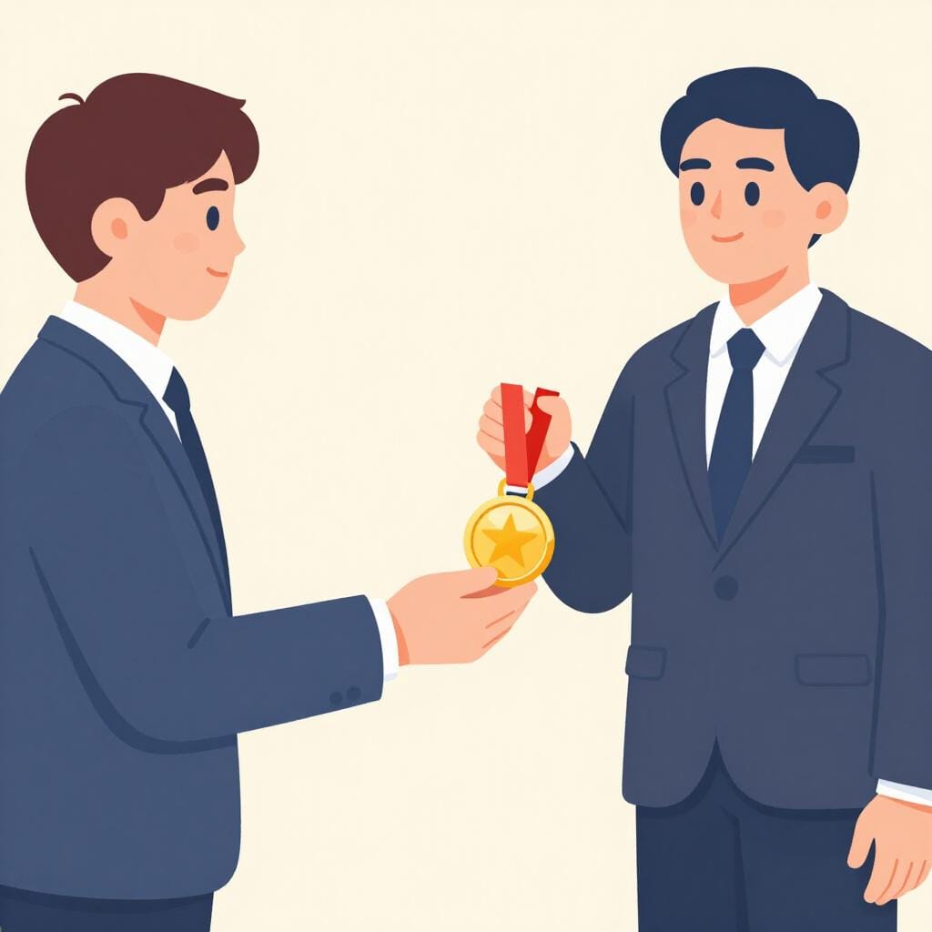 Una persona in un completo formale a cui viene consegnato un distintivo d'oro lucido da un'altra persona.