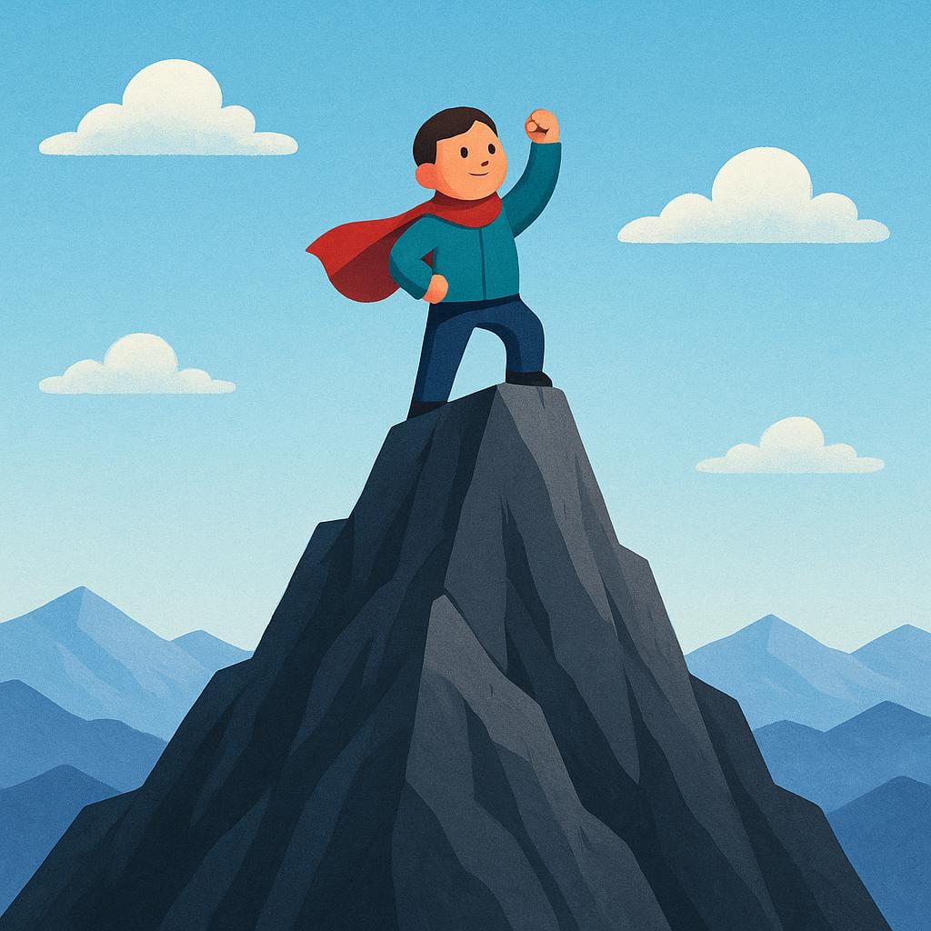 A small, determined character standing victoriously on the highest peak of a large, jagged mountain obstacle, raising a fist in triumph.