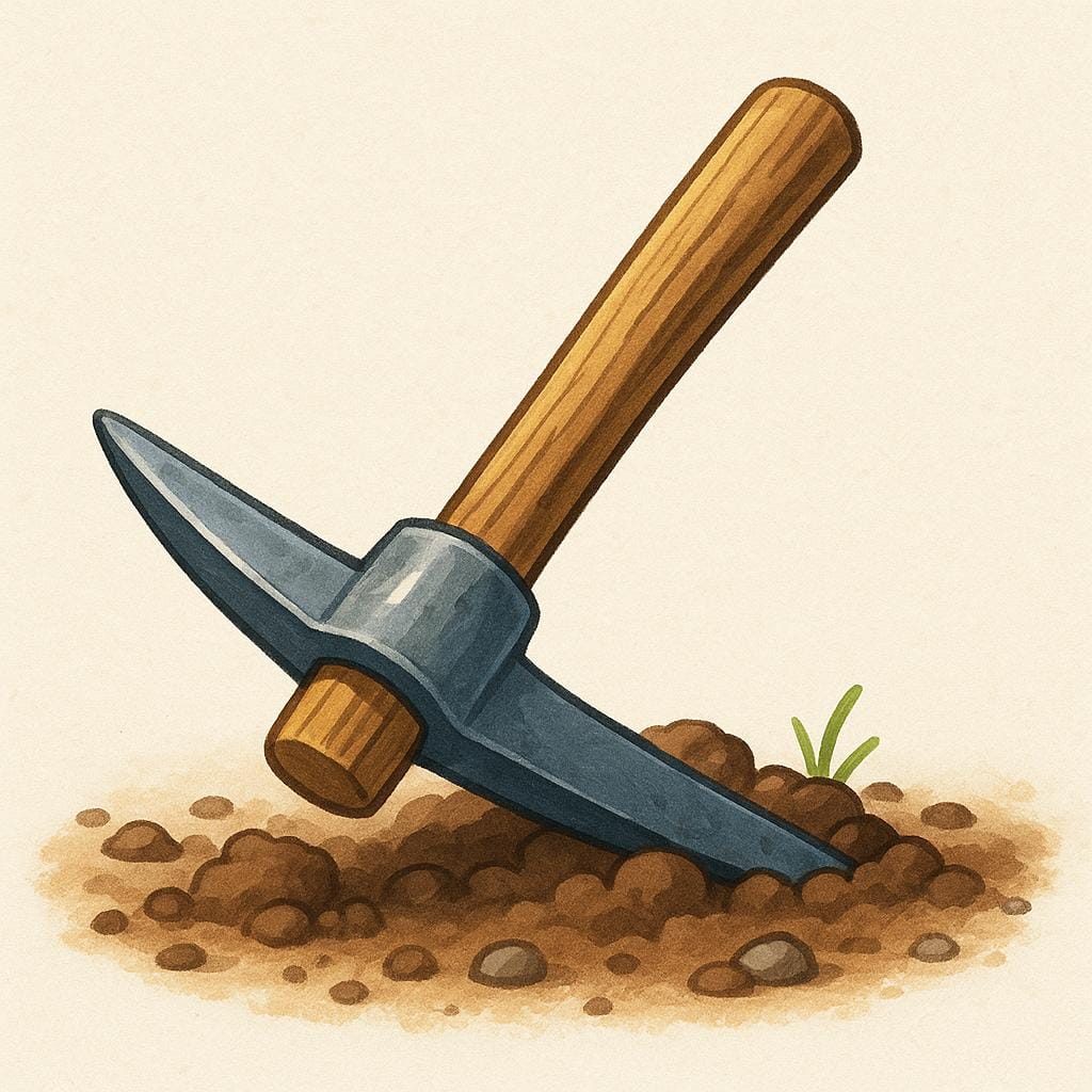 An illustration of a heavy wooden pickaxe with a pointed metal head, stuck into the brown earth.