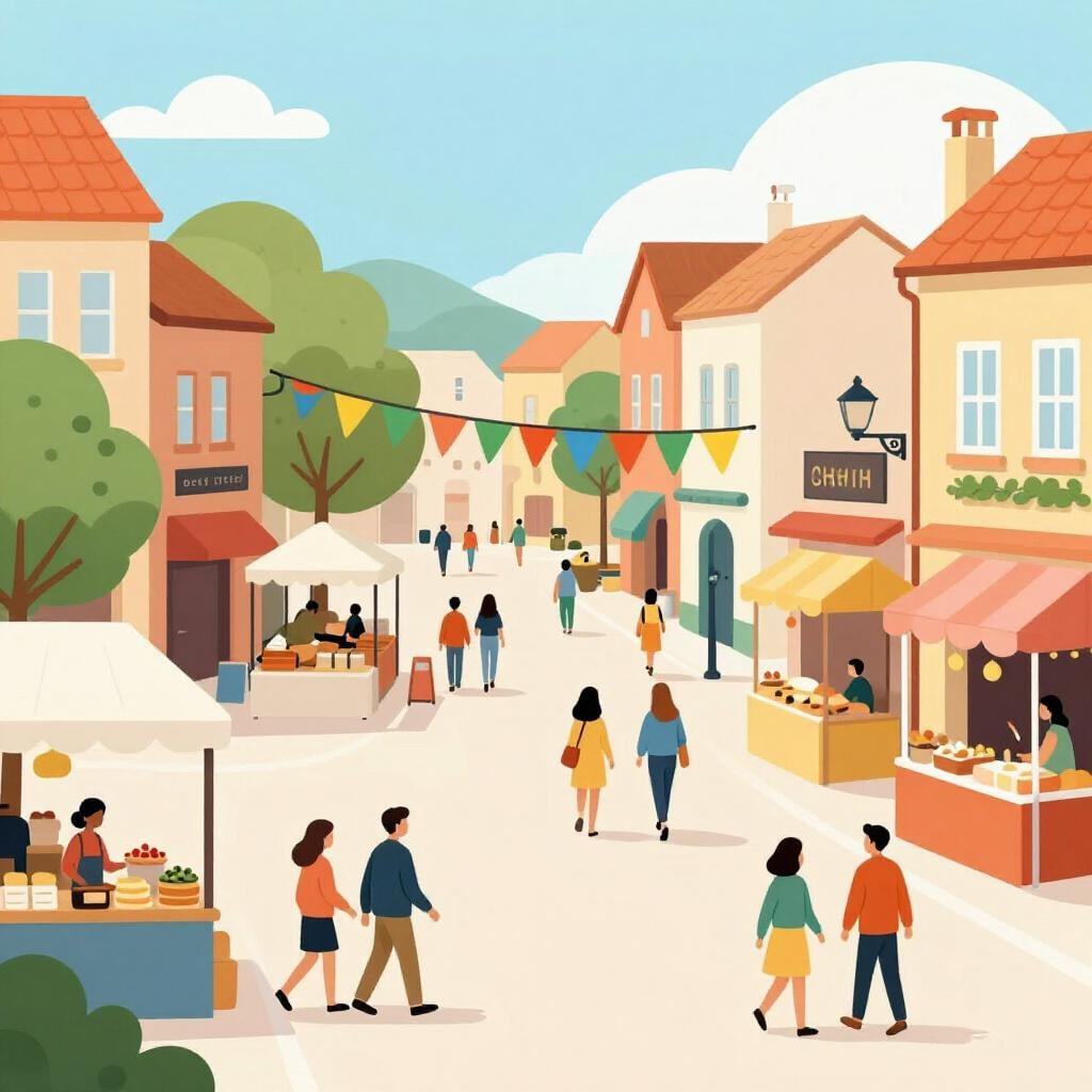 A bustling street market with colorful stalls, people talking, and a festive atmosphere.