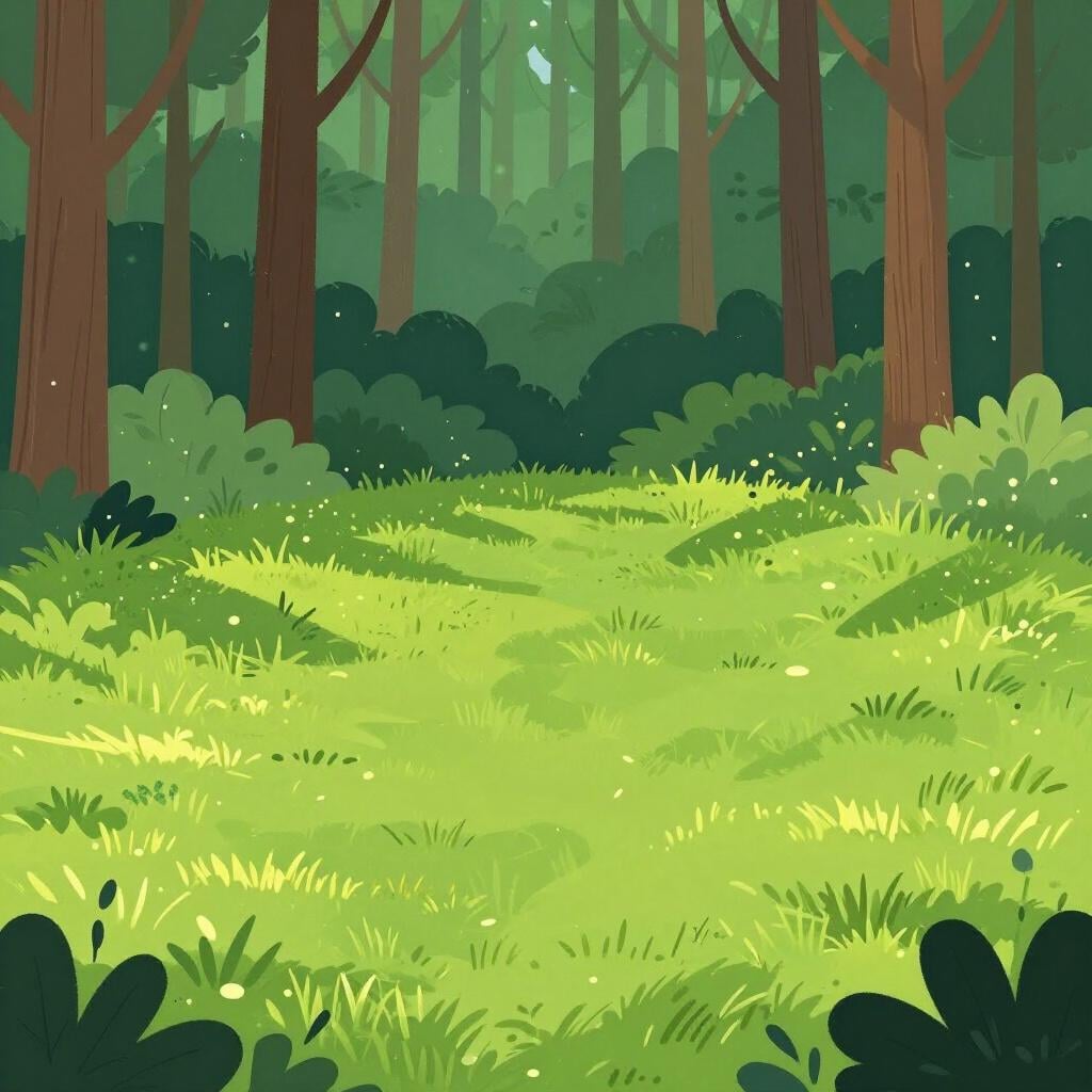 An open grassy space in the middle of a dense green forest with sunlight streaming down.