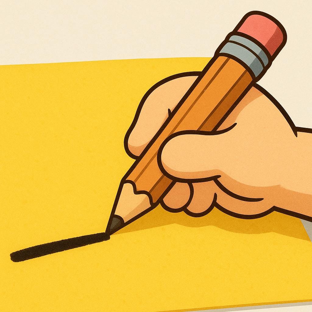 A hand holding a pencil actively drawing a simple, thick line onto a blank sheet of bright yellow paper.