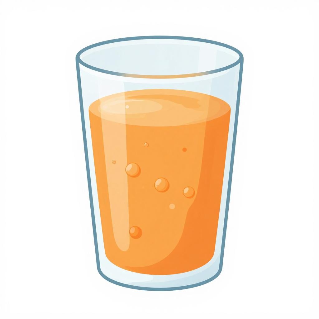 A tall glass of orange soda with many small bubbles rising to the top.