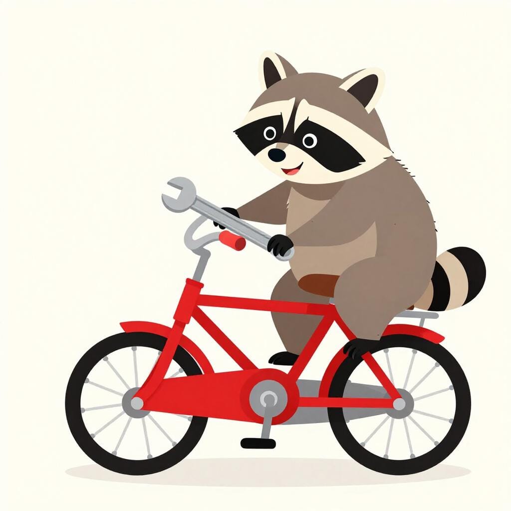 Een ondeugende wasbeer die met een kleine moersleutel een bout van een kleurrijke speelgoedfiets losdraait.