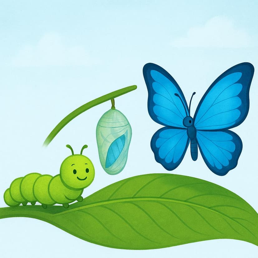 A detailed storybook illustration showing a green caterpillar mid-transformation, with brightly colored butterfly wings emerging from its back while resting on a leaf.