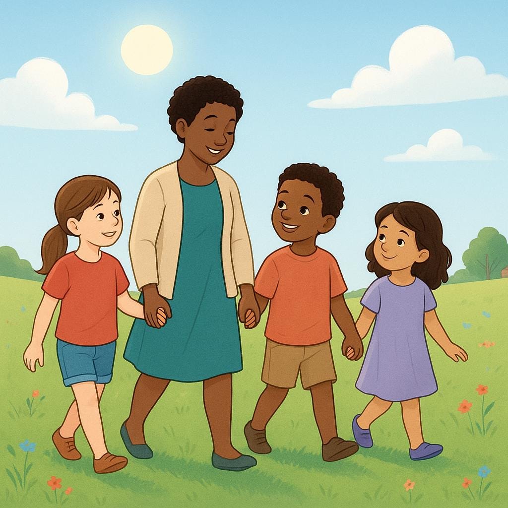 An illustration of four people—one adult and three children—walking hand-in-hand in a sunny field, symbolizing a close-knit group or community.