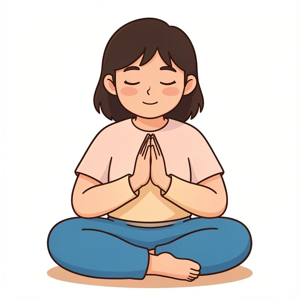 A person with eyes closed and hands folded together in a peaceful gesture of prayer.