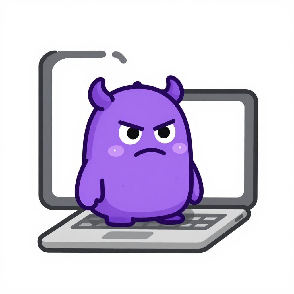 Een laptopscherm met een klein, chagrijnig paars monster met scherpe tanden dat in de monitor zit.