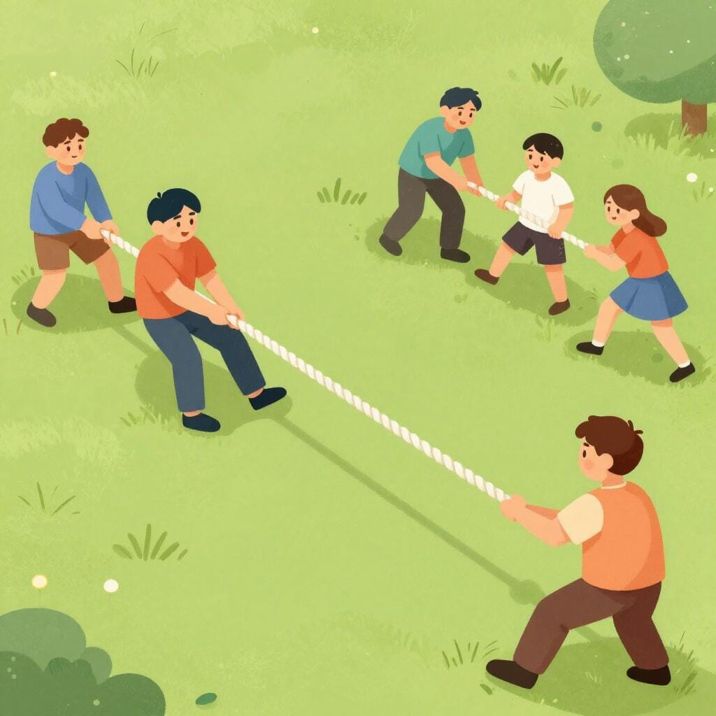 Twee kleine groepen mensen in kleurrijke kleding die aan tegenovergestelde uiteinden van een lang touw op een veld trekken.