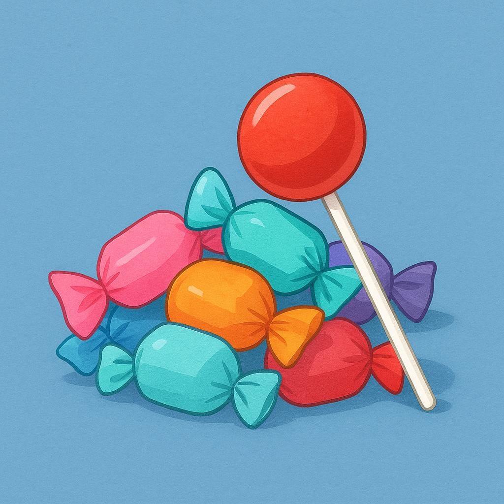 Um sortimento de doces coloridos, embalados e desembrulhados, incluindo pirulitos e ursinhos de goma, representando a confeitaria.