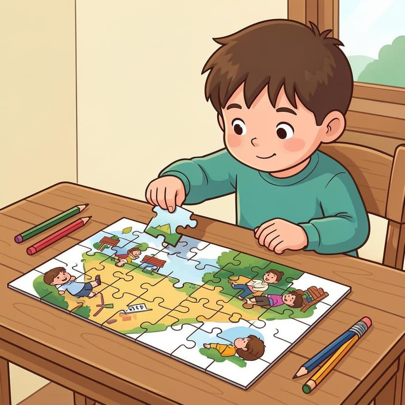 Ein Kind setzt das letzte farbige Teil in ein Puzzle ein.