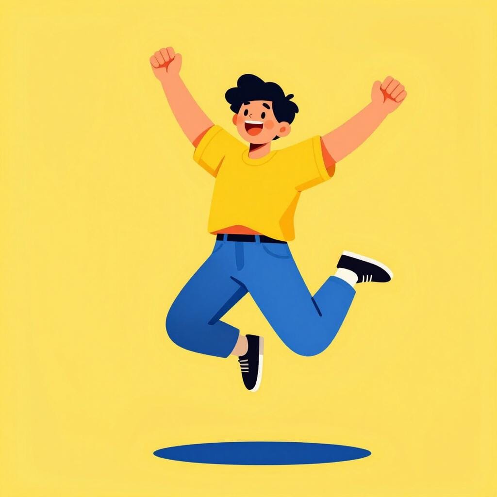 Uma pessoa saltando alto no ar com um grande sorriso e braços abertos contra um fundo amarelo brilhante.