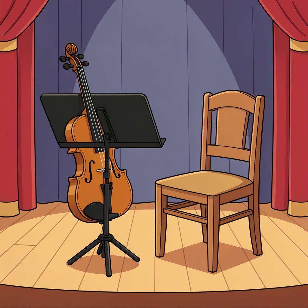 A violin on a music stand in front of an empty chair.