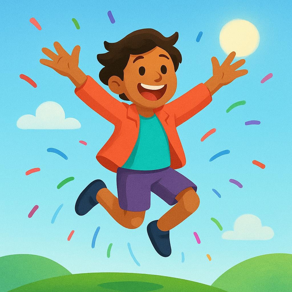 A person celebrating with a wide smile, jumping high in the air with arms outstretched, expressing extreme happiness and gladness.