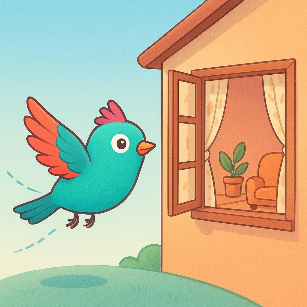A small, colorful bird flying swiftly back toward an open window of a warm, cozy house, illustrating the action of returning.