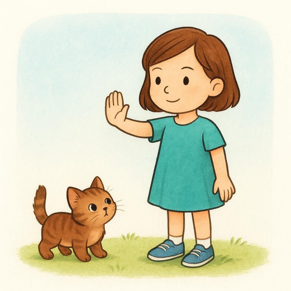 A young girl standing with her hand raised, palm forward, commanding a small, fluffy brown kitten to stop. The kitten has paused mid-pounce.