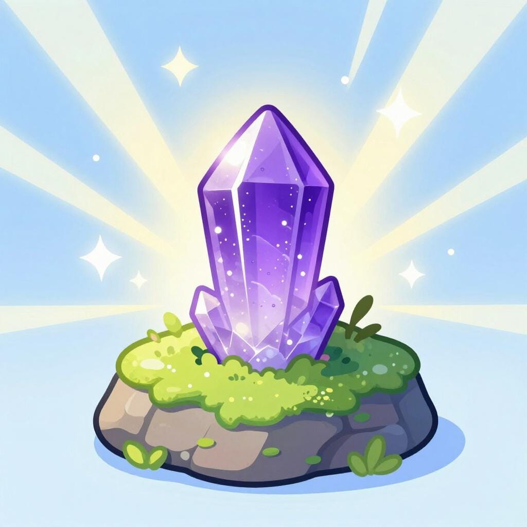 A large glowing crystal sitting on a rock, releasing vibrant sparkles and a soft aura of light into the surrounding air.