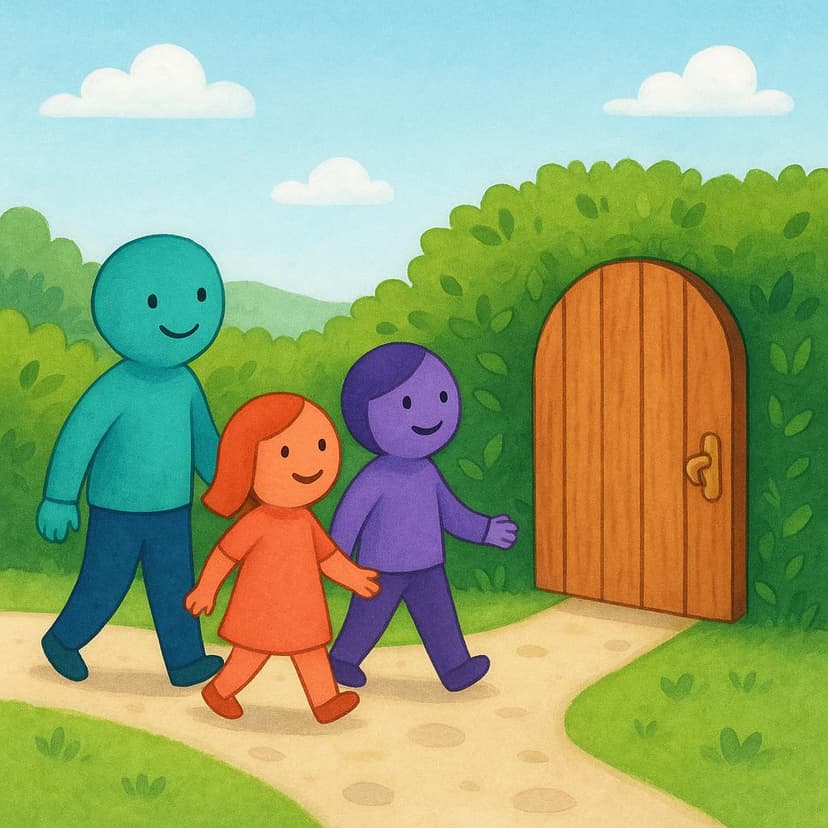 A colorful storybook illustration showing three cheerful figures walking together along a winding path, clearly arriving at a large wooden gate, symbolizing their past arrival.
