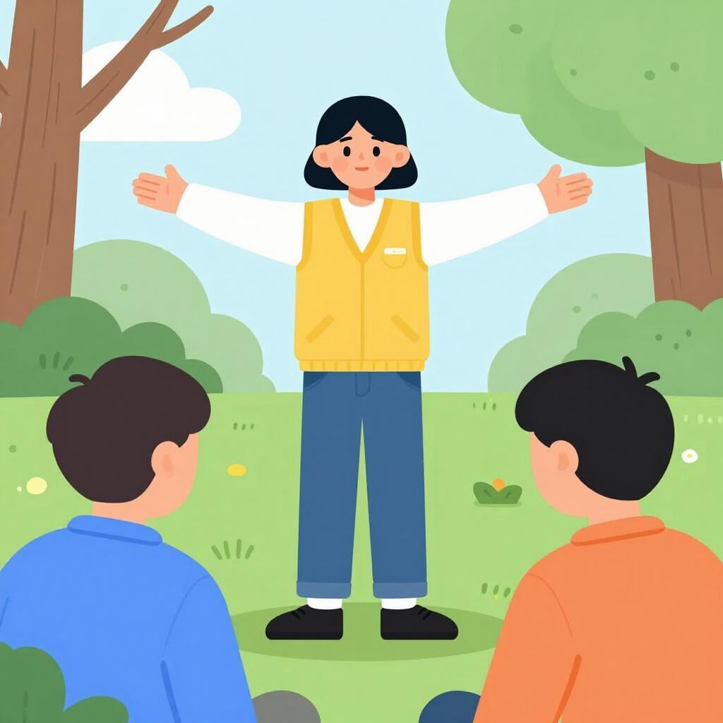 A person in a bright yellow vest stepping between two people who are arguing to calm them down.