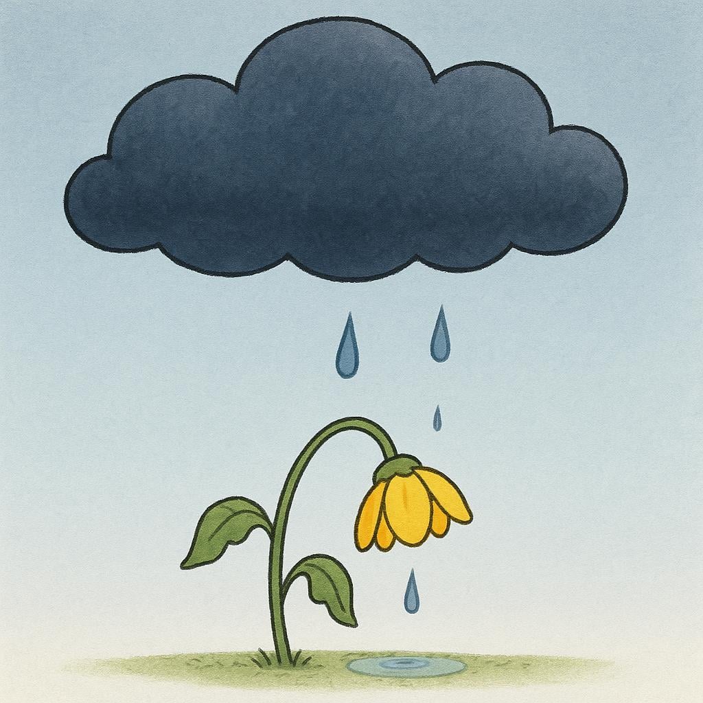 A large, dark rain cloud hovering directly over a small, wilting yellow flower, symbolizing a negative impact.