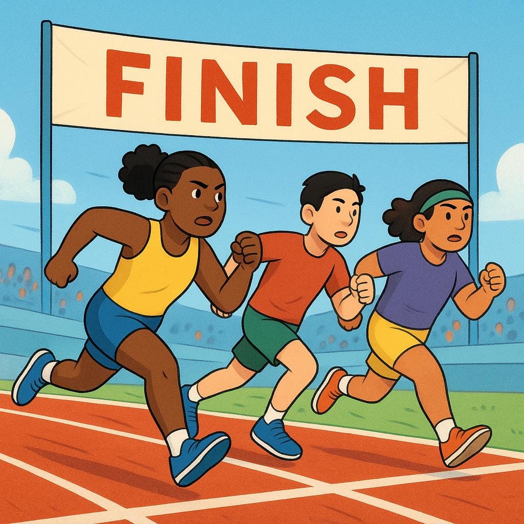 Three stylized runners sprinting intensely on a red track toward a clearly marked finish line banner, illustrating a competition of speed.