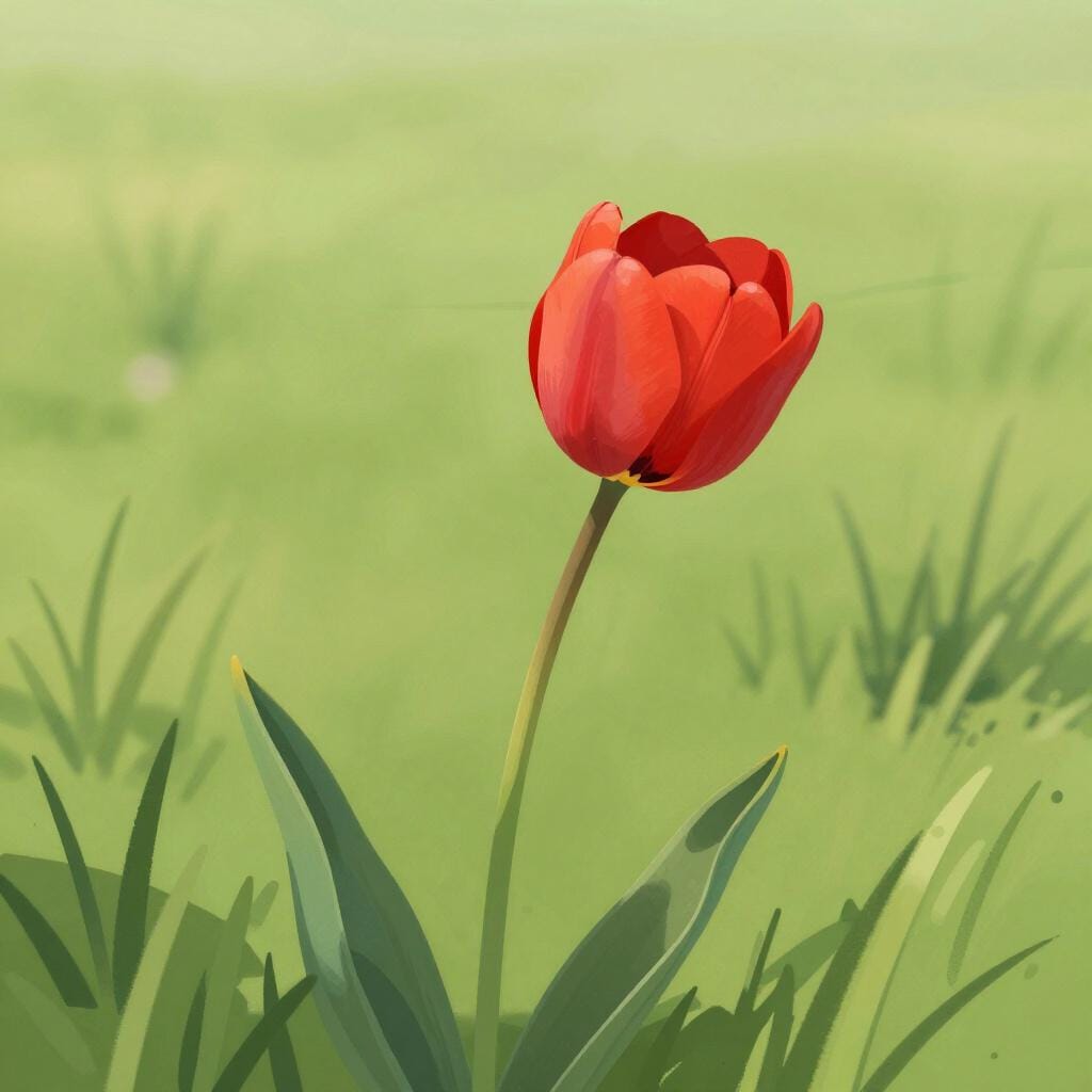 Eine grüne Wiese, auf der hohes Gras und eine einzelne Blume sanft zur Seite geneigt sind, als ob sie von einem sanften Wind bewegt würden.