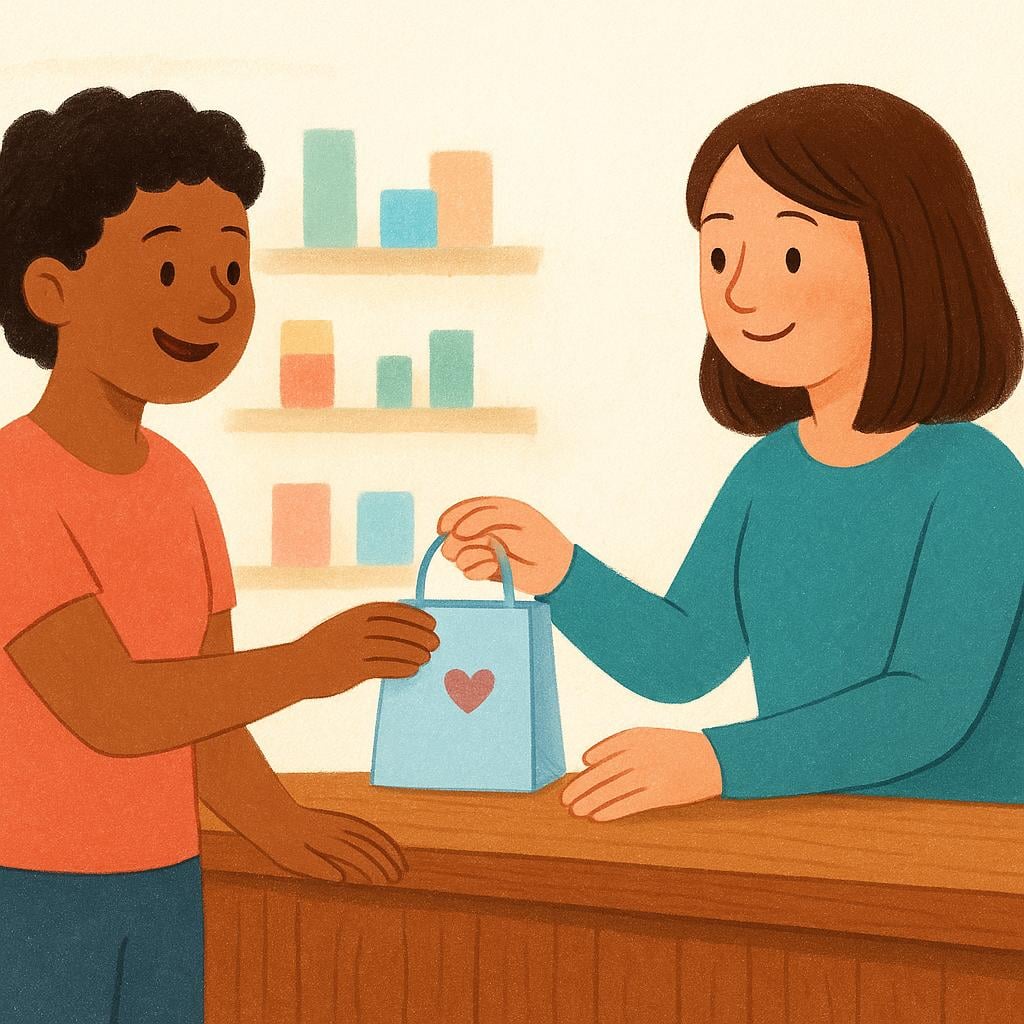 A colorful illustration of a smiling customer receiving a brown shopping bag from a cashier across a wooden counter.