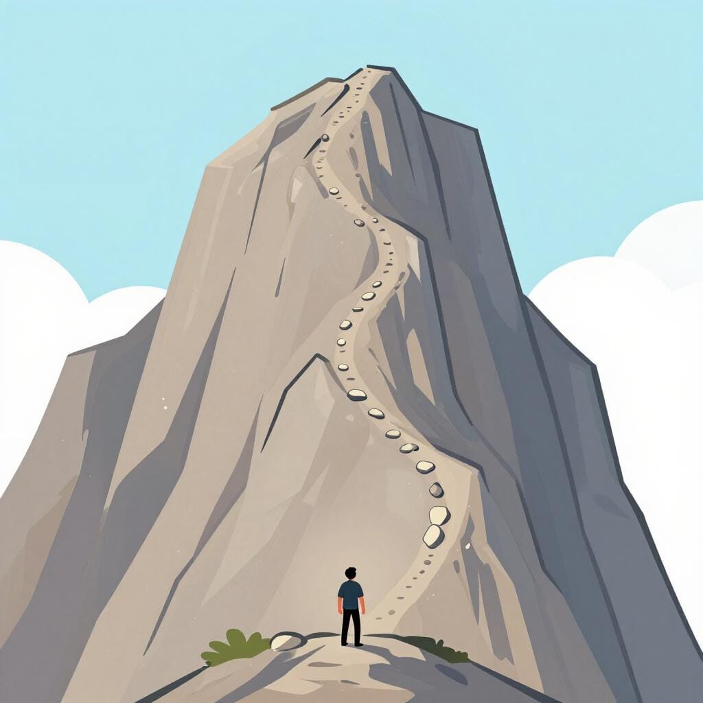 A small figure looking up at a very steep, rocky mountain path.