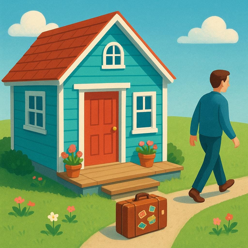 A small figure walks away from a brightly colored house, looking over their shoulder, symbolizing abandoning a place.