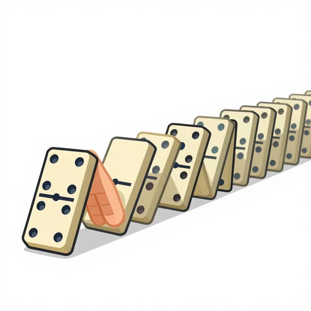 A row of falling dominoes where one domino has just tipped over the next one.