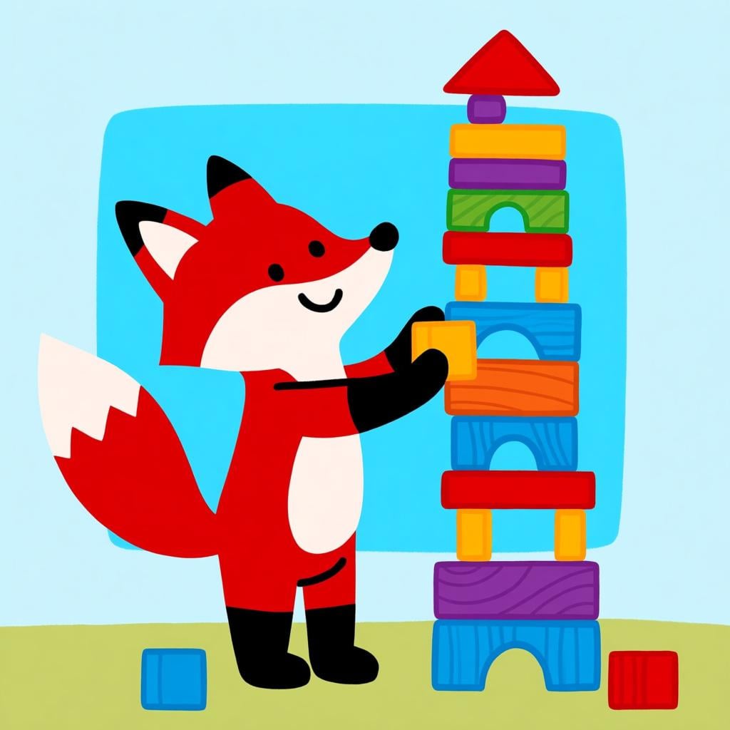A friendly cartoon fox carefully placing the final block on a tall, multicolored wooden block tower, illustrating the action being done again.