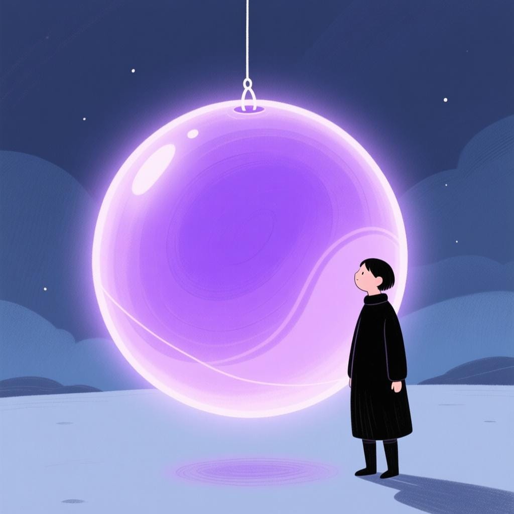 A person standing next to a large, smooth, glowing purple orb that hangs in the air, symbolizing an abstract concept or previously mentioned idea.