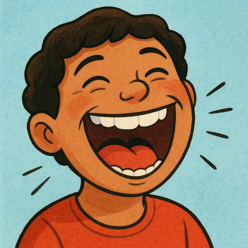 A close-up illustration of a person with a wide, joyful smile and closed eyes, actively laughing heartily.