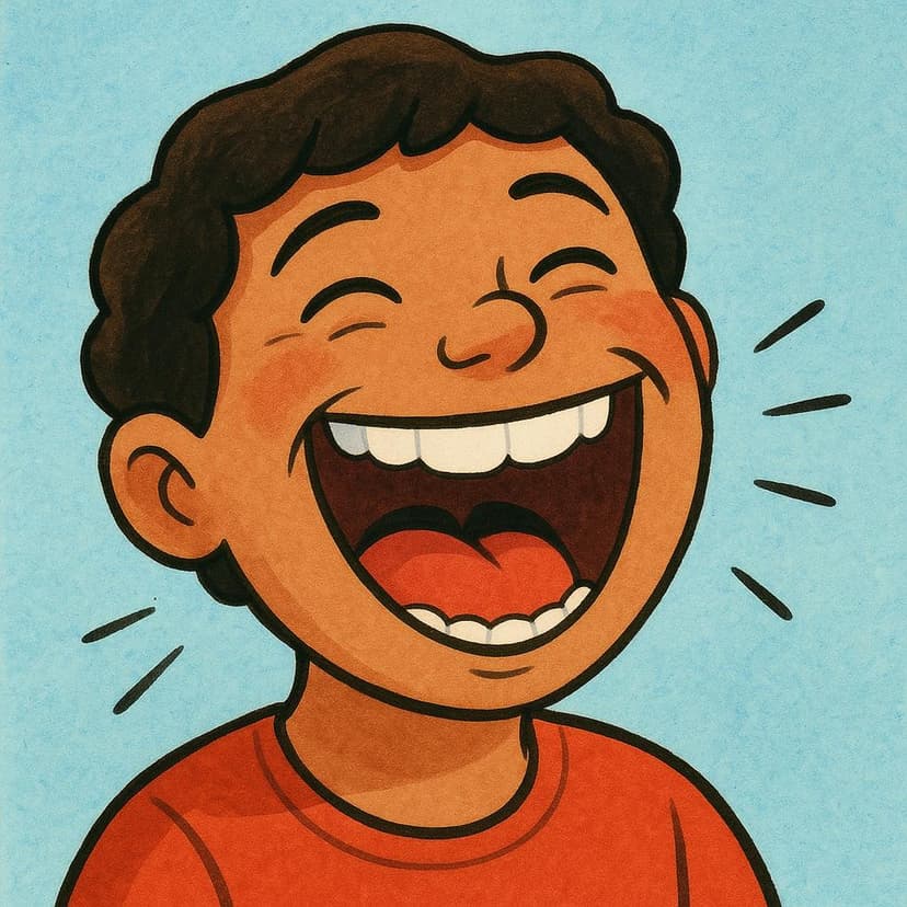 A close-up illustration of a person with a wide, joyful smile and closed eyes, actively laughing heartily.