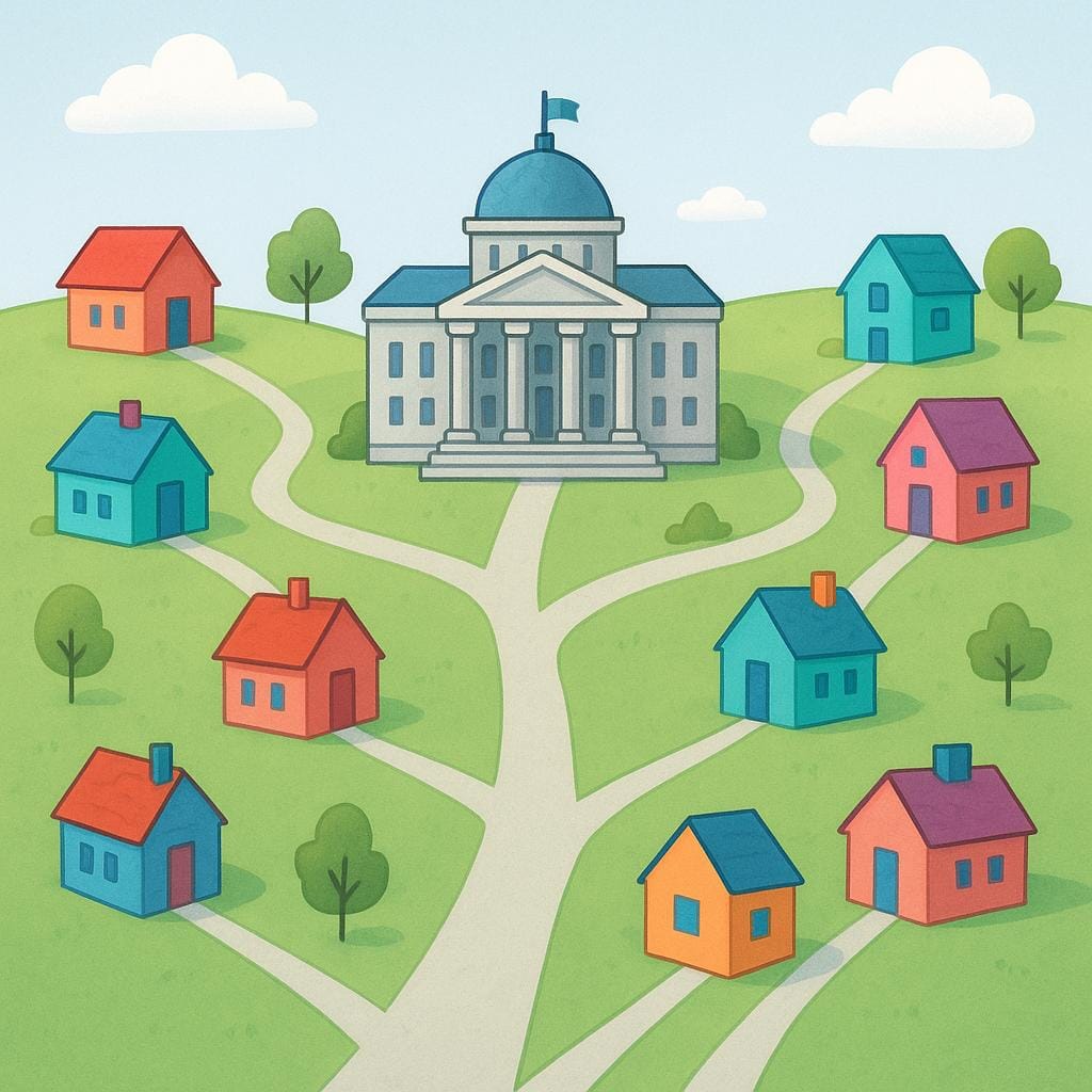 An illustration showing several smaller, distinct buildings connected by paths leading to one dominant, central government building, symbolizing centralization.