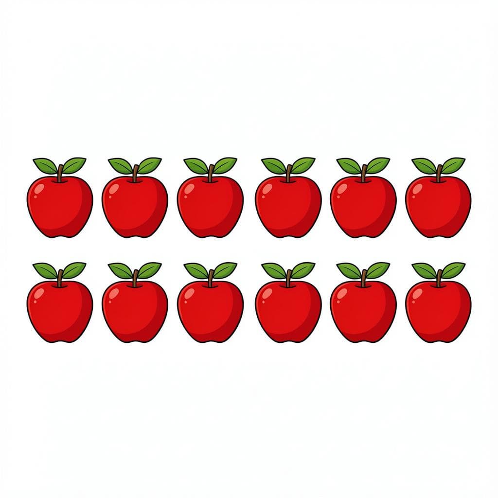 A neat arrangement of fourteen red apples on a plain white surface.