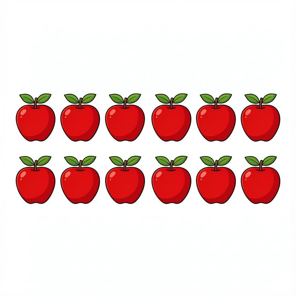 A neat arrangement of fourteen red apples on a plain white surface.