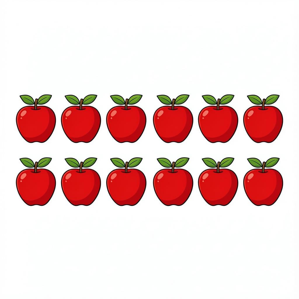 A neat arrangement of fourteen red apples on a plain white surface.