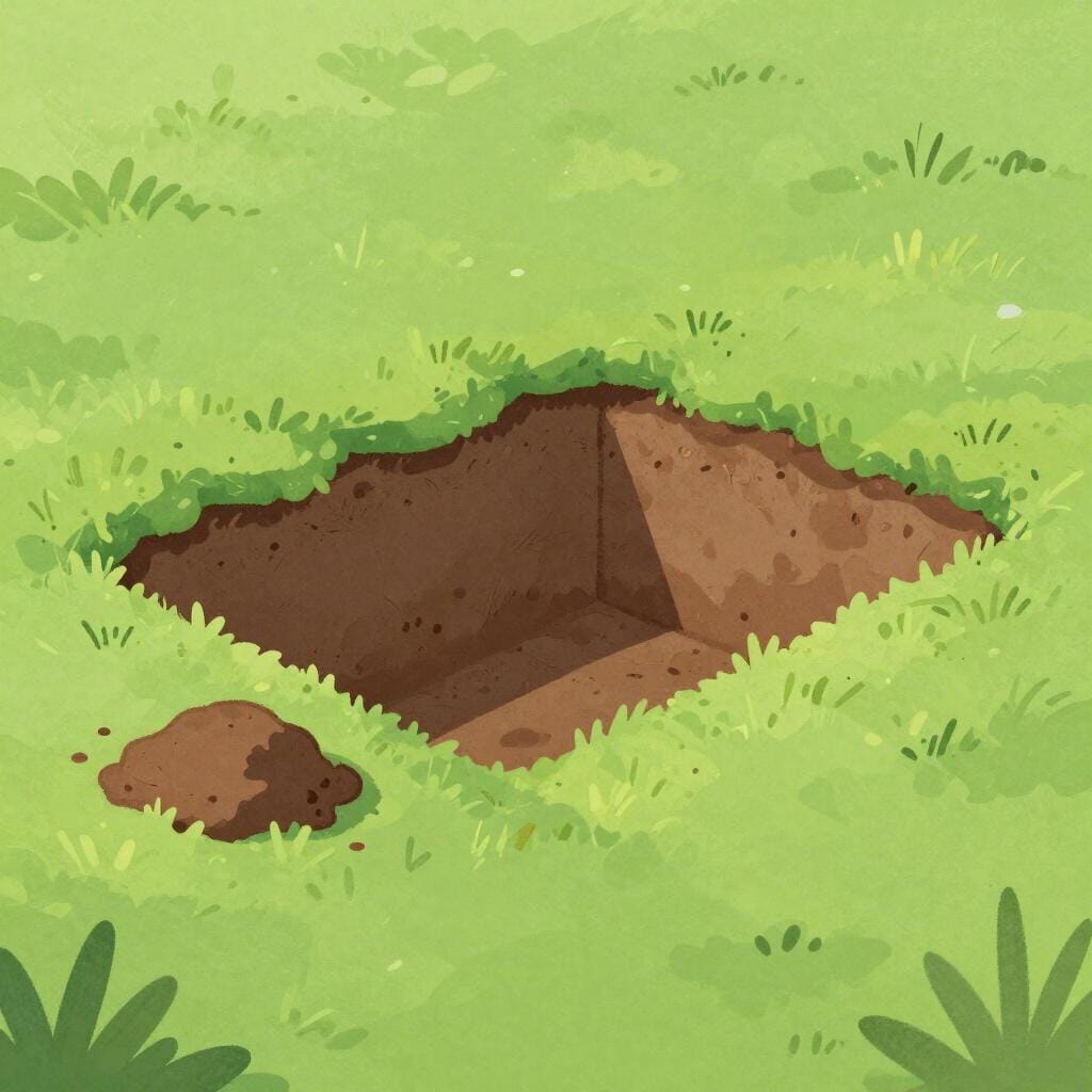 A simple rectangular hole in the ground in a green field with a pile of brown soil next to it.