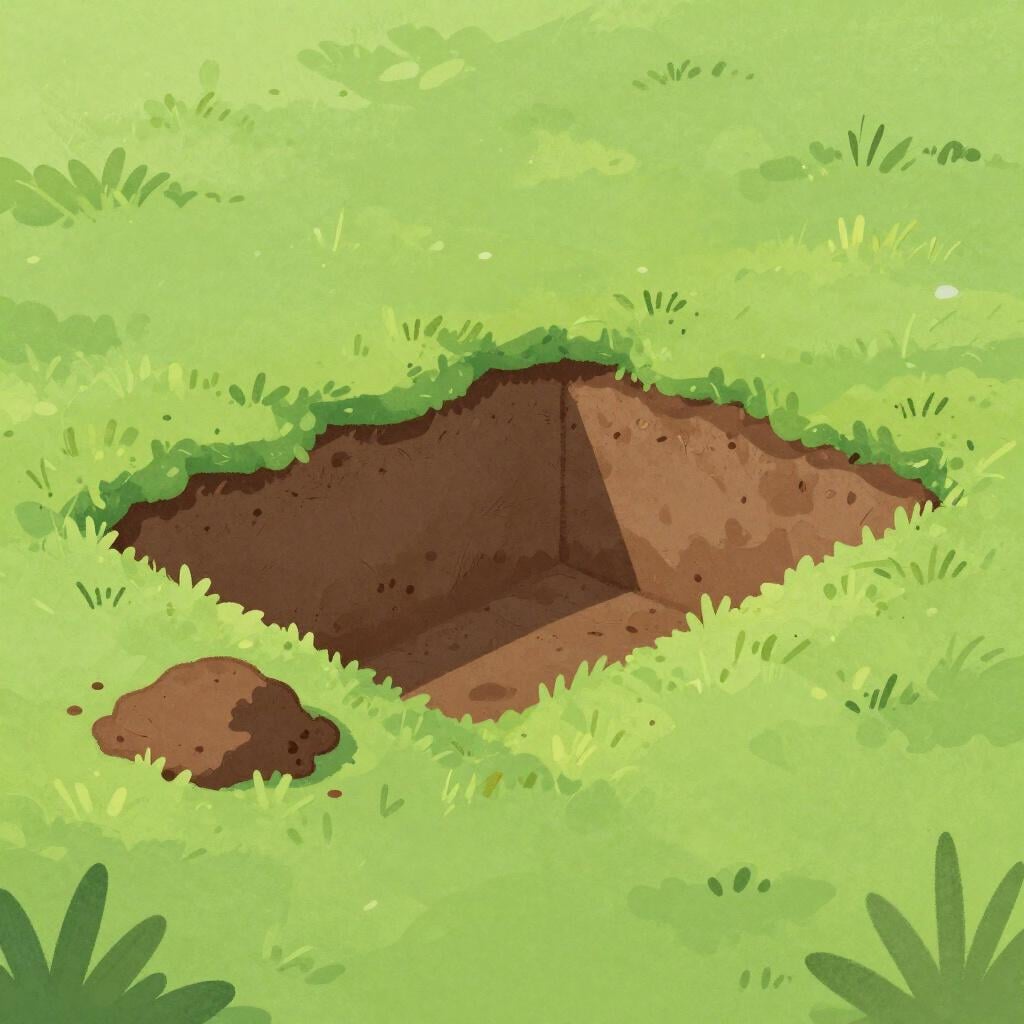 A simple rectangular hole in the ground in a green field with a pile of brown soil next to it.